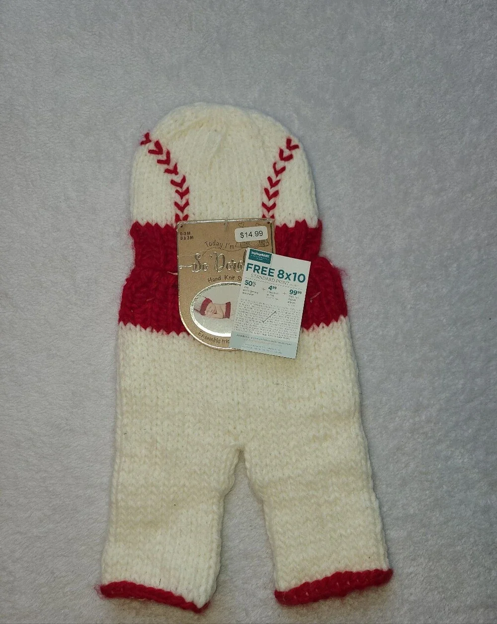 Crochet Cream and Red Baseball Baby Hat & Pants Set